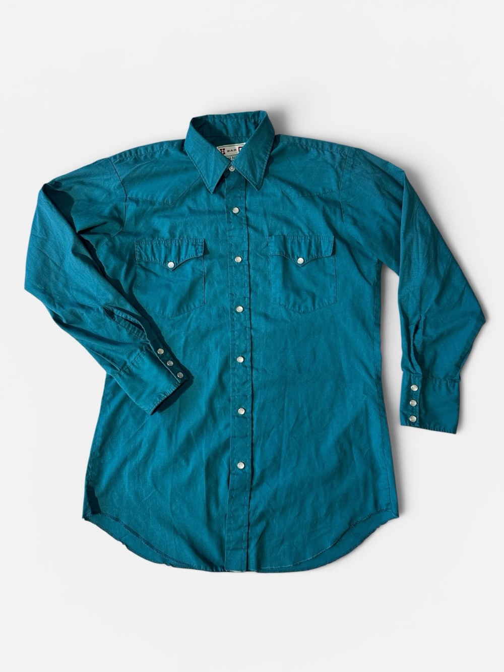 H Bar C mens L Large aquamarine solid pearl snap western cowboy shirt EUC